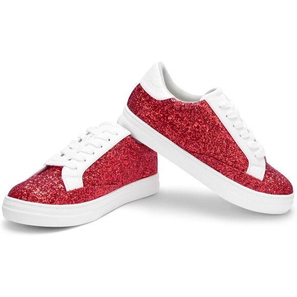 Women's Red Rhinestone Glitter Star Low Top Comfortable Walking Sneakers Shoes - Picture 5 of 6